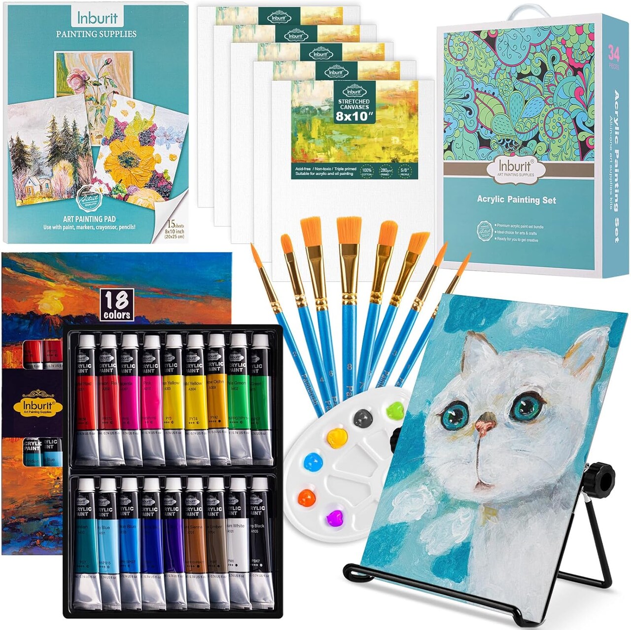 Art Paint Set for Kids, Painting Supplies Kit with 5 Canvas Panels, 8 Brushes, 18 Acrylic Paints, Multi-Function Table Easel, Etc, Premium Acrylic Paint Set for Students, Kids and Beginner.